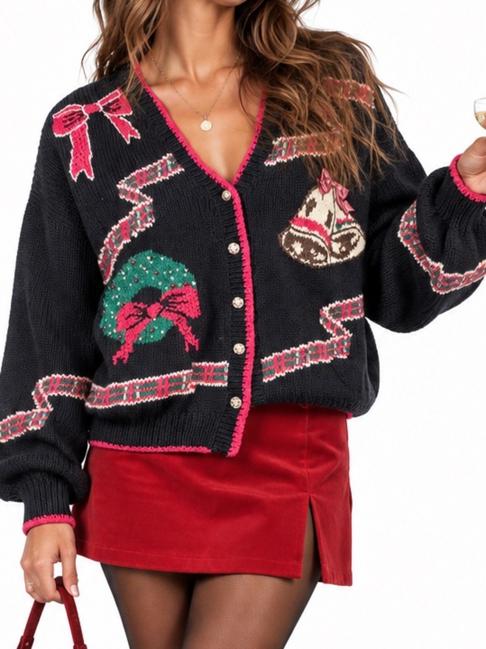Black Holiday Christmas Cardigan with red Trim
